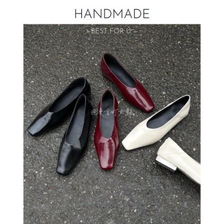 漫言町3CM头层牛皮方头真皮轻奢通勤单鞋平底气质极简女巫鞋浅口