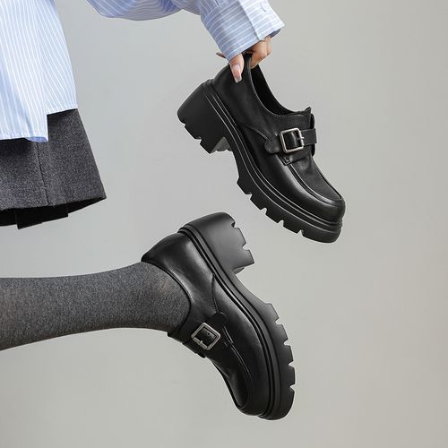 34-40码|6.5cm高跟|黑/棕|陈摸鱼圆头厚底粗跟皮带扣英伦风乐福鞋主图