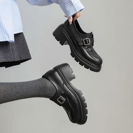 34-40码|6.5cm高跟|黑/棕|陈摸鱼圆头厚底粗跟皮带扣英伦风乐福鞋