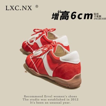 6CM~红色德训鞋女2026夏季新款拼色双系带阿甘鞋内增高百搭休闲鞋