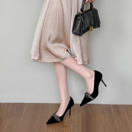 【小贝家】一代8cm法式水钻蝴蝶结尖头细跟高跟鞋百搭浅口单鞋3208