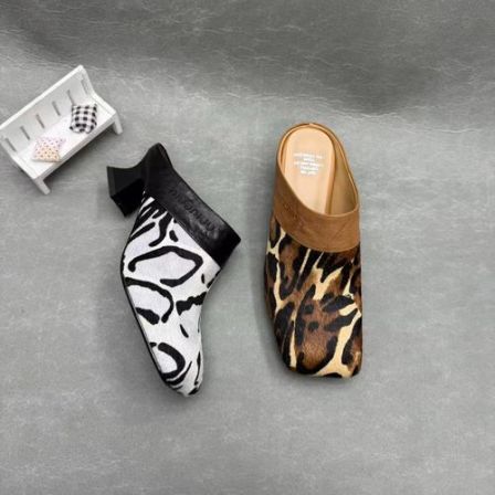 【萌萌定制】低跟方头真皮马毛外穿女鞋粗跟极简风包头拖鞋爆款时尚