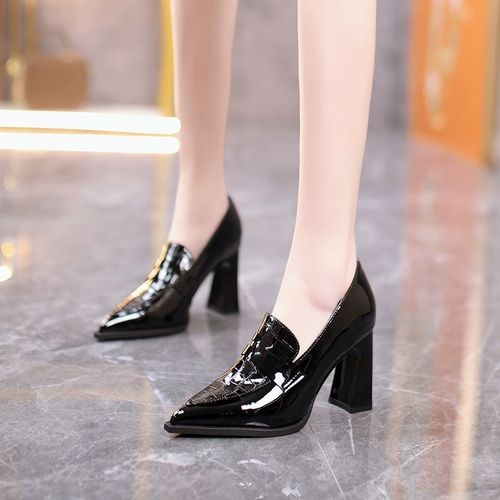 英伦黑色小高跟鞋女不累脚新款气质粗跟单鞋尖头通勤女鞋302-2主图