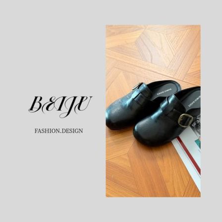 BEIJU 复古风外穿平底防滑勃肯鞋皮带扣包头半拖鞋女74527