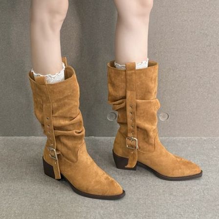 版复古靴西部牛仔羊皮女尖头粗跟中筒骑士靴褶皱堆堆靴短靴