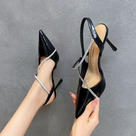 黑色绝美气质高跟鞋女配裙子新款尖头水钻一字带包头细跟凉鞋8-2