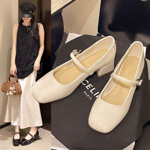 法式方头粗跟漆皮单鞋女2026春夏新款浅口一字扣带中跟玛丽珍鞋主图