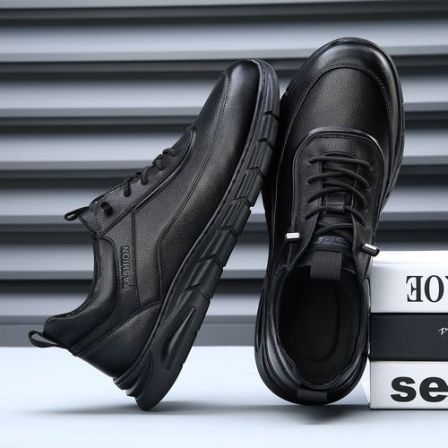 2026新款真皮休闲鞋黑色潮流潮鞋一脚蹬运动风皮鞋青年百搭男鞋子