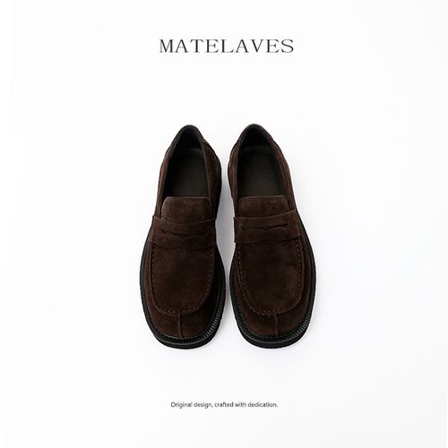 老钱风乐福鞋男款德比鞋增高一脚蹬方头真皮复古反绒透气休闲皮鞋主图