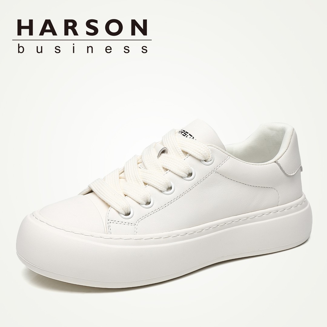 Harson/哈森头层牛皮春季休闲皮鞋男真皮板鞋百搭小白鞋厚底男鞋主图