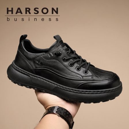 Harson/哈森头层牛皮一脚蹬男鞋春季真皮厚底板鞋潮流运动休闲鞋