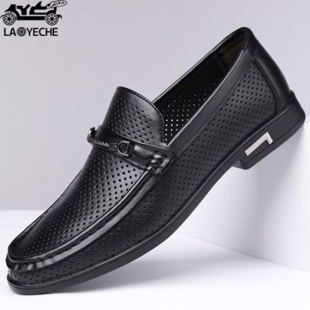 老爷车男士夏季洞洞时尚潮流舒适透气软底镂空商务爸爸鞋休闲皮鞋