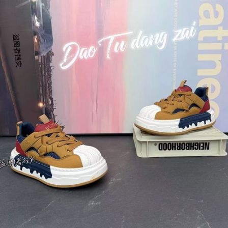 男士个性潮流新款百搭增高厚底舒适拼接网面系带男士贝壳头板鞋