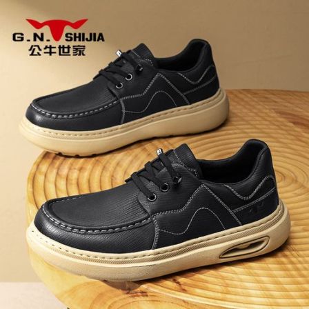 公牛世家男鞋2026新款春季条纹时尚休闲皮鞋一脚蹬爸爸开车豆豆鞋