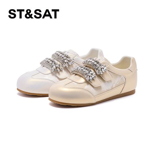 星期六时尚水钻小白鞋女款2026春季新款圆头百搭魔术贴休闲德训鞋主图