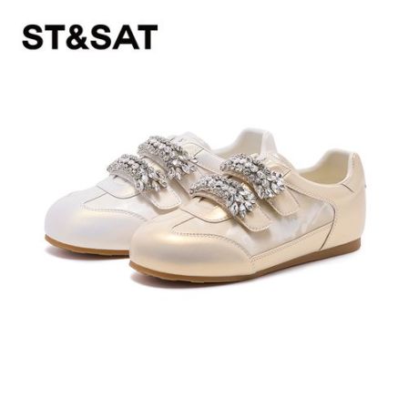 星期六时尚水钻小白鞋女款2026春季新款圆头百搭魔术贴休闲德训鞋