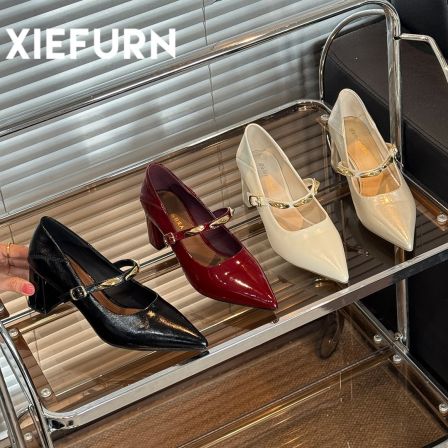 XIEFURN/鞋夫人粗跟玛丽珍鞋6cm4cm复古小皮鞋女尖头浅口单鞋