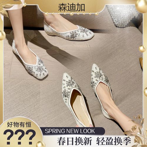 2026闪钻内增高3厘米新款手工尖头休闲浅口平底女鞋百搭温柔单鞋主图