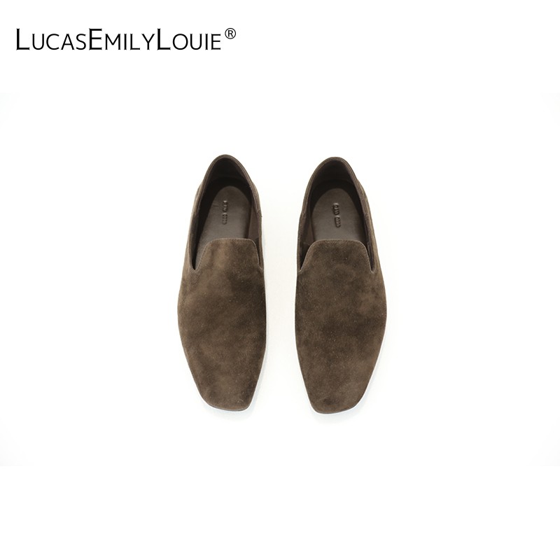 LucasEmilyLouie复古绒面方头一脚蹬平底乐福鞋260018主图