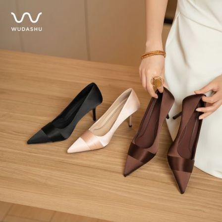 春季新款气垫缓震高跟鞋百搭不累脚尖头细跟浅口绸缎单鞋女