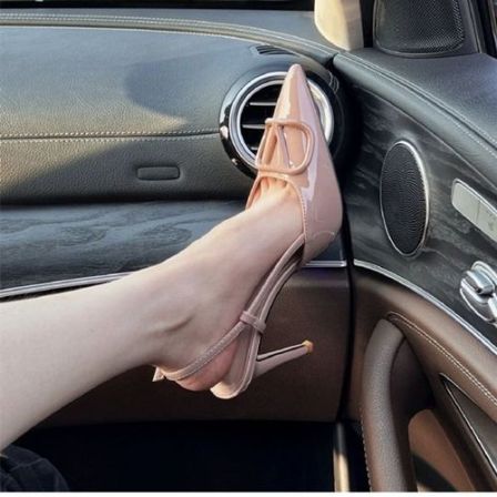 裸色V性感软皮高跟鞋女春夏新款细跟尖头鞋浅口单鞋一字带女凉鞋