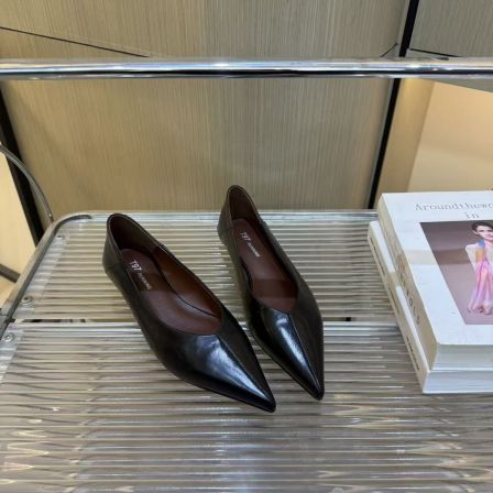 T97新款尖头浅口法式低跟真皮一脚蹬气质单鞋G3379