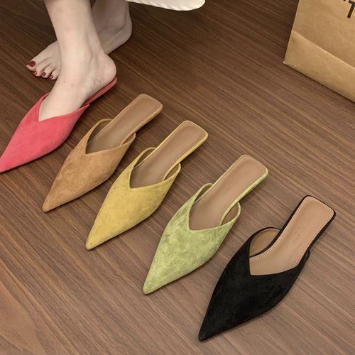 2025新款夏季绒面法式气质细跟低跟穆勒凉拖鞋女尖头猫跟包头半拖主图