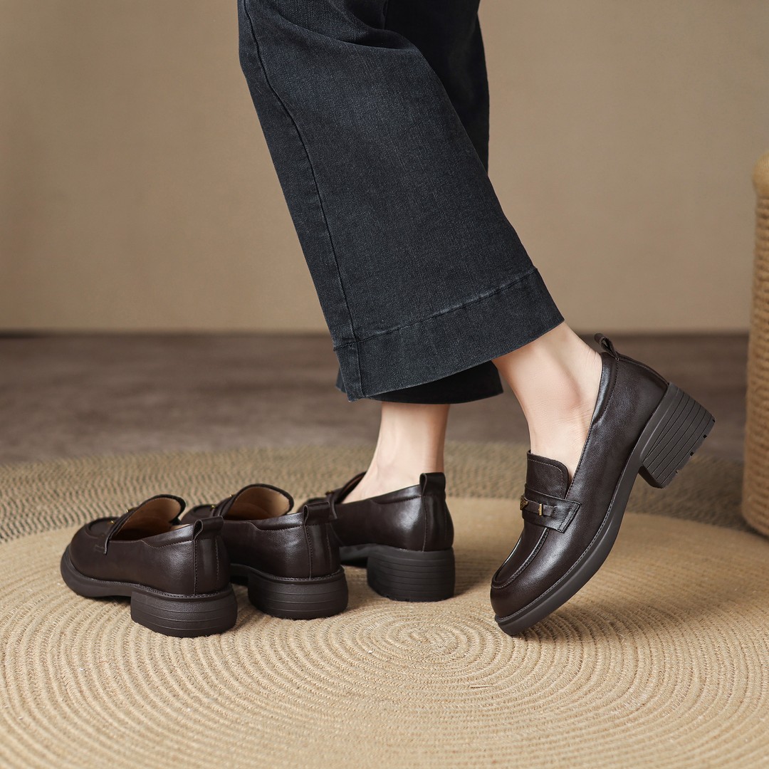 软底高跟乐福鞋金属百搭英伦风舒适春季皮鞋圆头复古平底春秋软底主图