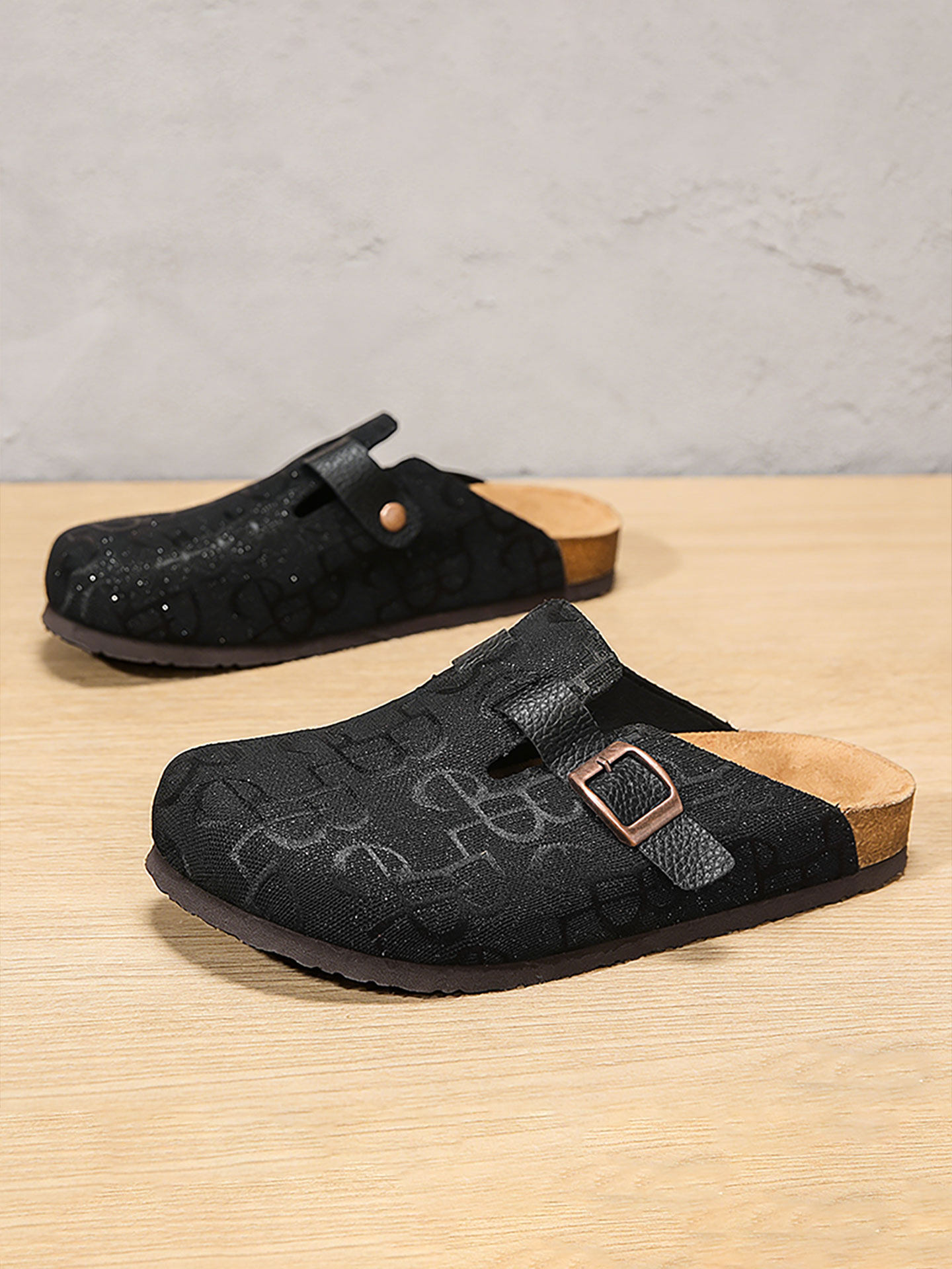 懒人一脚蹬防滑包头拖鞋男软木拖鞋防臭外穿百搭厚底黑色勃肯鞋男主图