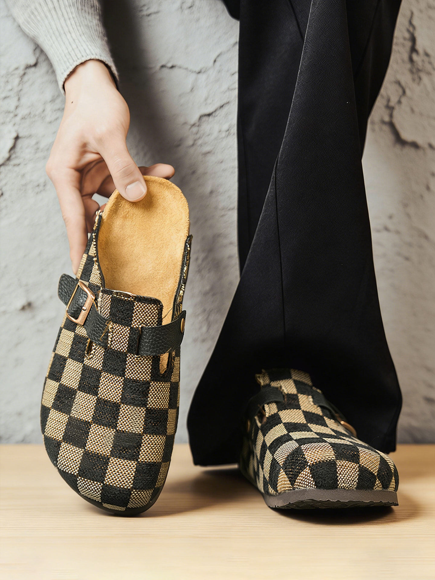 格子勃肯鞋男士2026夏季新款高级感软木拖鞋防滑百搭包头拖鞋男款主图