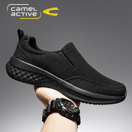 德国骆驼动感男鞋夏季透气飞织懒人网面鞋厚底松紧帆布鞋男爸爸鞋