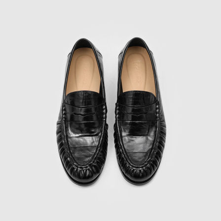 RZAAZ 老钱珠光感尖头鳗鱼皮乐福鞋褶皱平底一脚蹬休闲皮鞋男单鞋