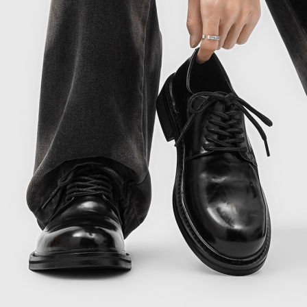 潮牌高级手工褶皱德比鞋男黑色水洗做旧正装商务厚底休闲通勤皮鞋