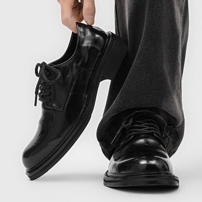 潮牌高级褶皱方头德比鞋男黑色做旧商务通勤厚底增高休闲通勤皮鞋主图