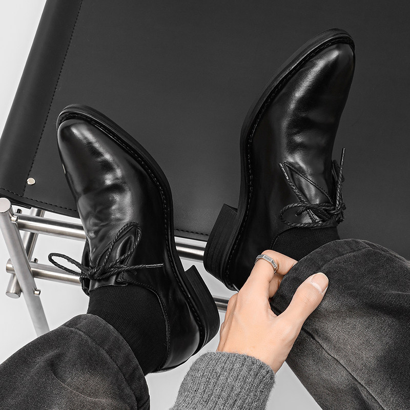 潮牌vibe做旧漆皮亮面蝙蝠式尖头褶皱雅痞鞋面高级德比鞋男士皮鞋主图