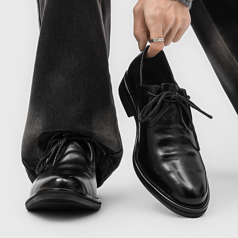 老钱风商务通勤褶皱德比鞋男水洗做旧牛津鞋翘头尖头极简乐福皮鞋主图