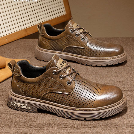 公牛世家男鞋夏季透气防臭镂空皮鞋男士复古英伦风商务休闲德比鞋