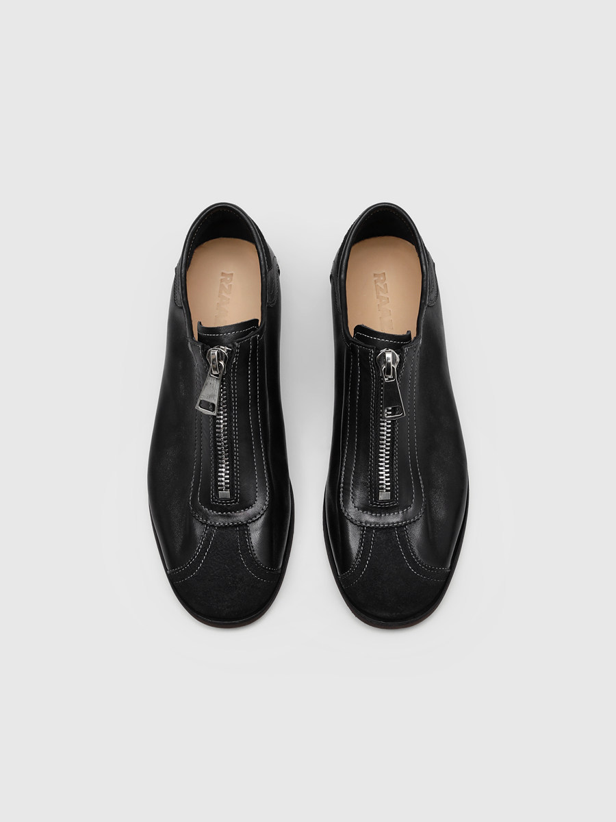 RZAAZ 马皮前拉链圆头薄底德训鞋黑白色极简做旧训练乐福鞋男休闲主图