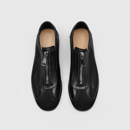 RZAAZ 马皮前拉链圆头薄底德训鞋黑白色极简做旧训练乐福鞋男休闲