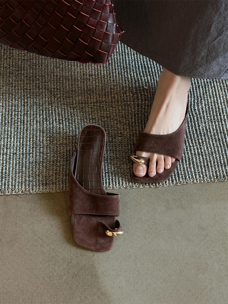 羊皮版~高级感气质方头金属扣套趾一字拖鞋女简约绒面小众凉拖鞋主图