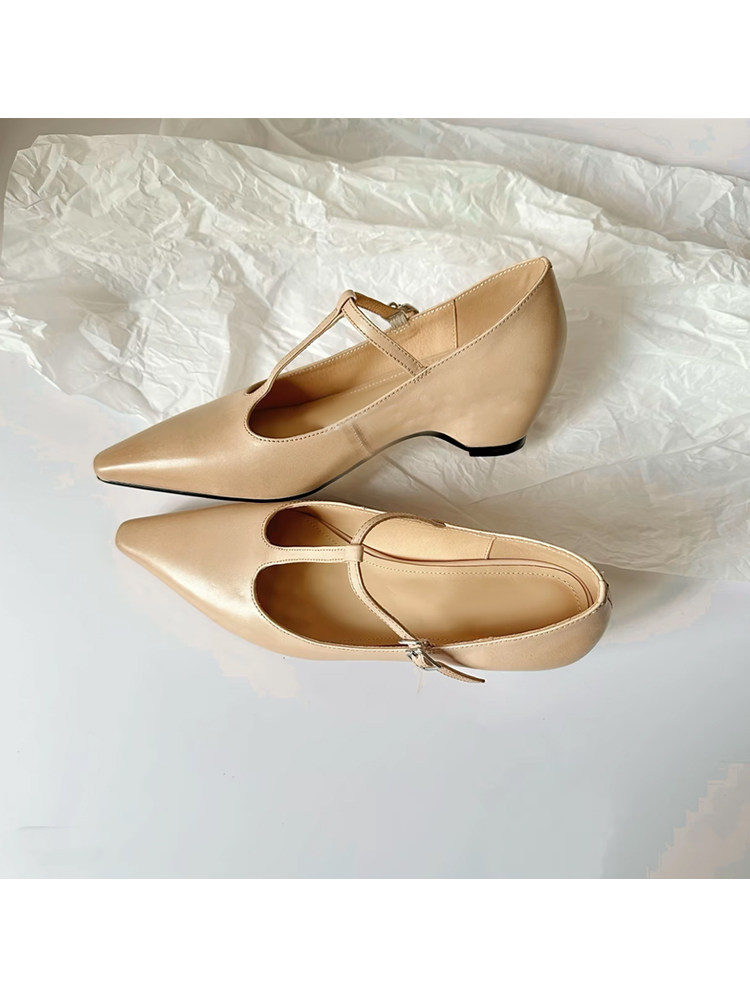 羊皮版~内增高T字带扣玛丽珍鞋女尖头真皮文艺风气质优雅简约单鞋主图