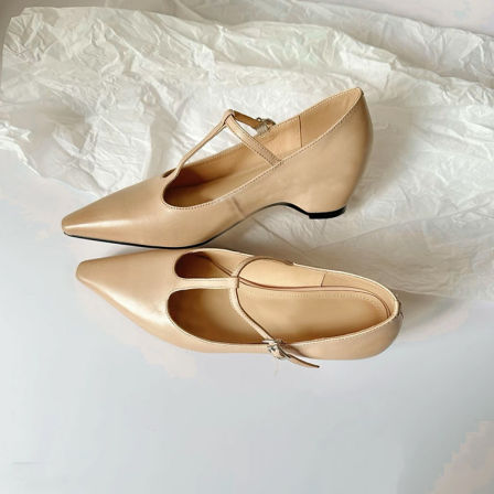 羊皮版~内增高T字带扣玛丽珍鞋女尖头真皮文艺风气质优雅简约单鞋