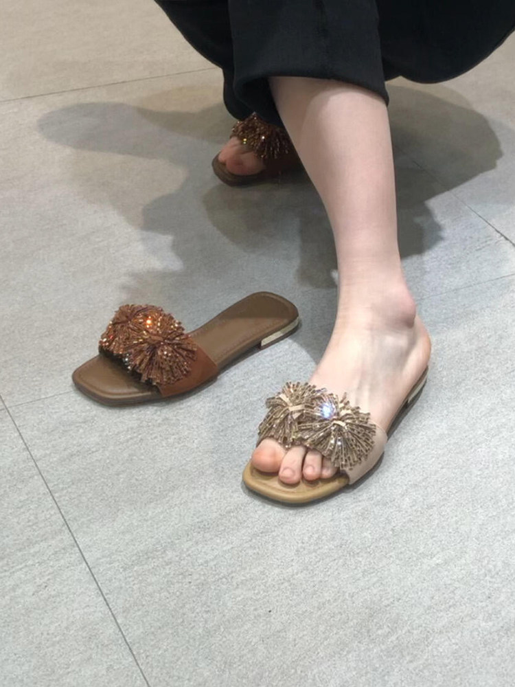 羊皮版~法式度假风烟花水钻平底一字拖女外穿高级感沙滩凉拖鞋夏主图