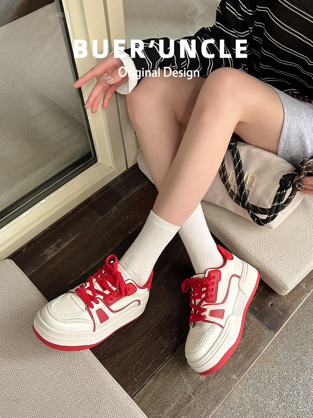 真皮~8cm内增高休闲鞋女2026新款系带圆头小白鞋运动厚底德训鞋子主图