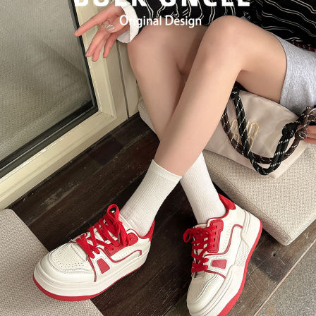 真皮~8cm内增高休闲鞋女2026新款系带圆头小白鞋运动厚底德训鞋子