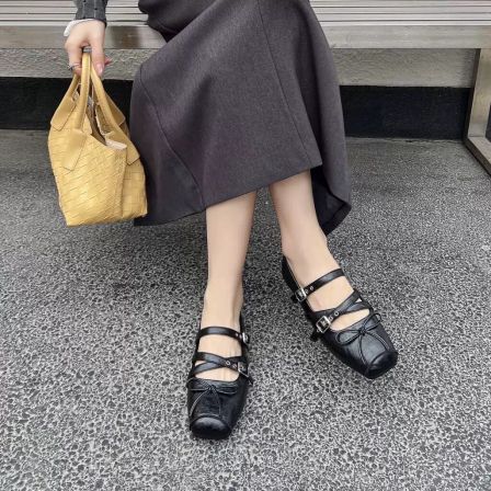 3.12+【不褪不换】有40方头玛丽珍浅口蝴蝶结交叉扣粗跟单鞋b03