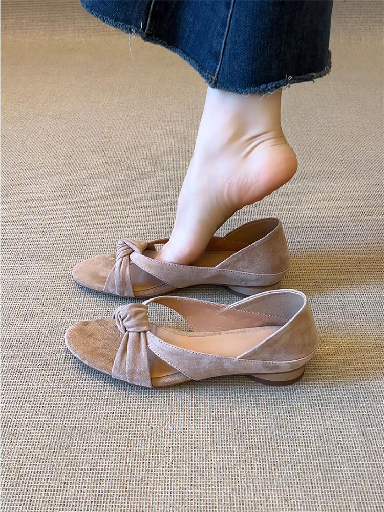 羊皮版~温柔杏色绒面露趾凉鞋女简约扭结时尚平底度假风罗马鞋夏主图