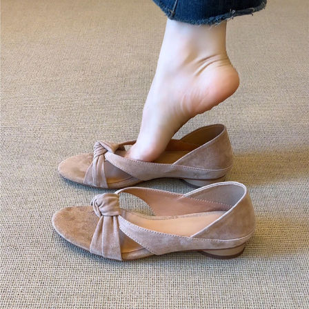 羊皮版~温柔杏色绒面露趾凉鞋女简约扭结时尚平底度假风罗马鞋夏