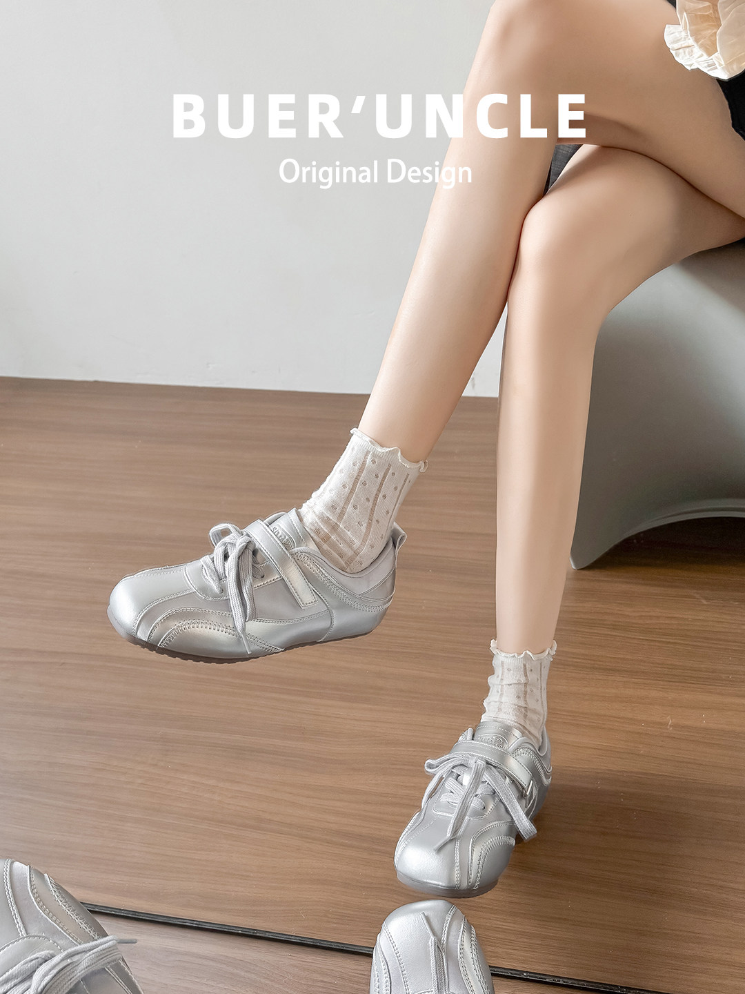 真皮~5cm内增高厚底银色德训鞋女2026新款休闲运动阿甘芭蕾赛车鞋主图