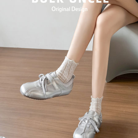 真皮~5cm内增高厚底银色德训鞋女2026新款休闲运动阿甘芭蕾赛车鞋